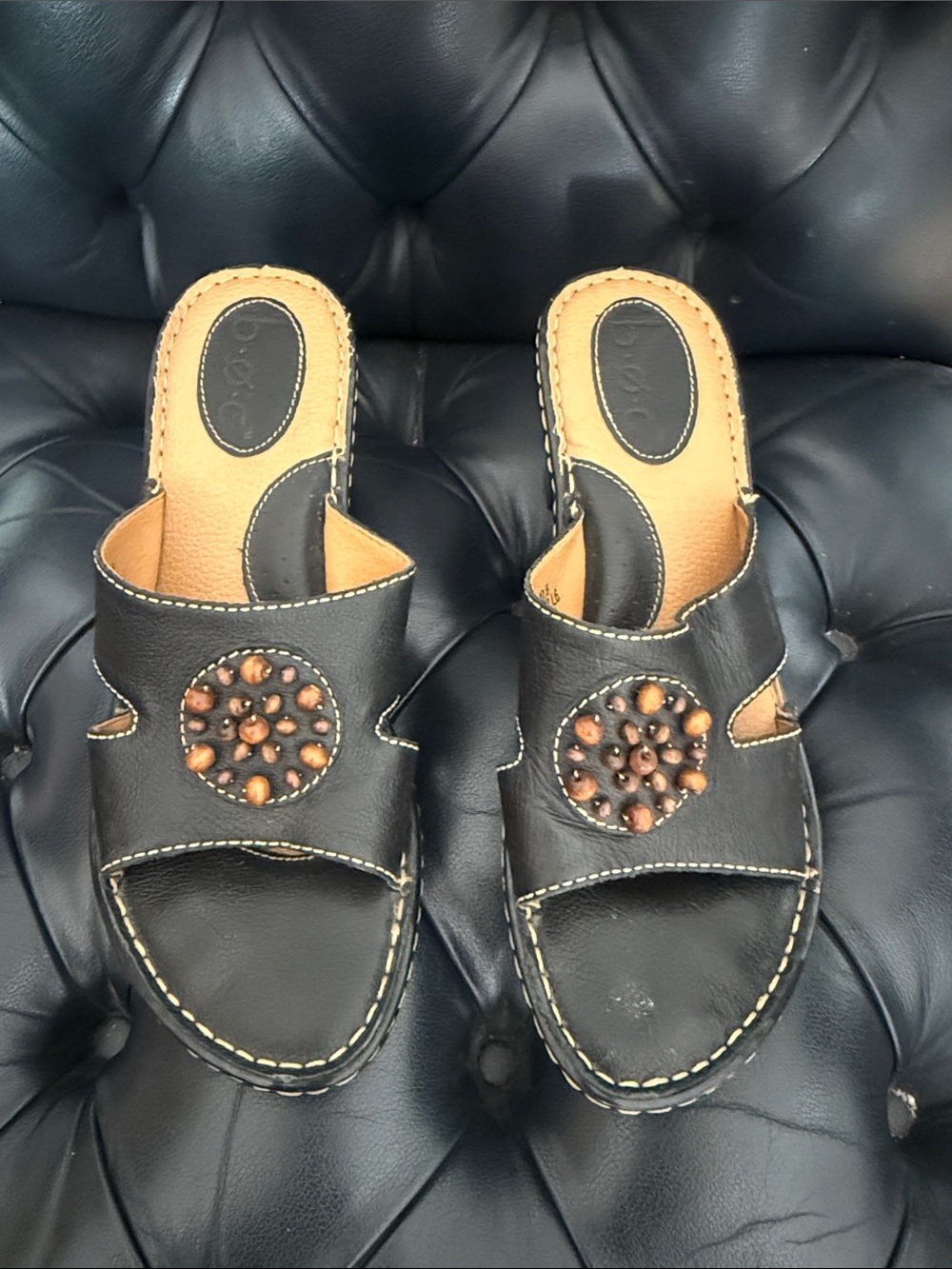 boc Black Leather Slide Mules with Tan Insole and Stud Detail